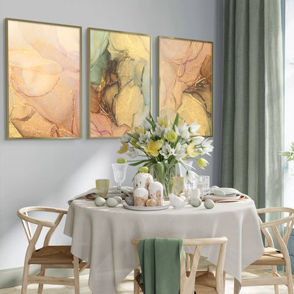 ゴールドマーブルが美しい抽象アートポスター3枚セット、リビングや玄関におすすめ