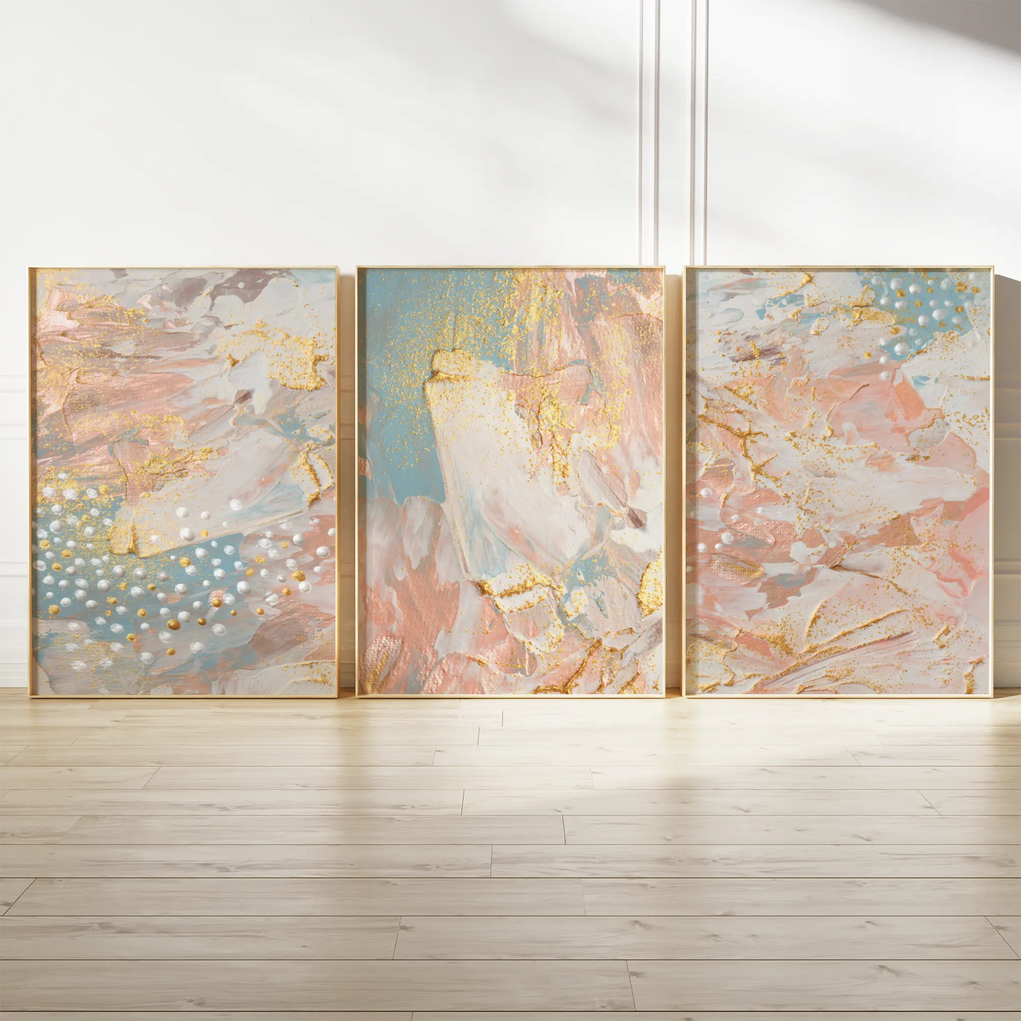 抽象的なゴールドピンク水彩の高級感あるアートポスター 北欧モダンインテリア 3枚セット
