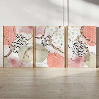 ピンクとゴールドの抽象的な水彩画アート3枚セット、幾何学模様とドット柄