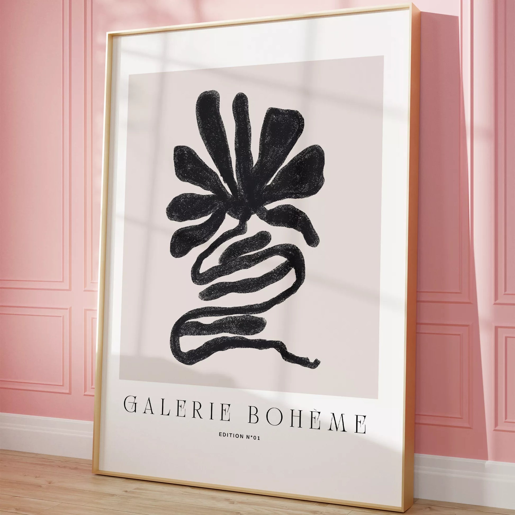 抽象的な黒い花のようなデザインのモダンなアートポスター