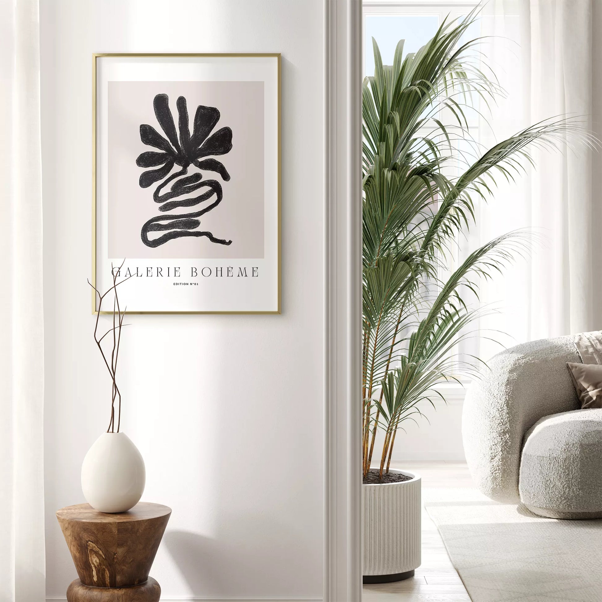 抽象的な黒い花のようなデザインのモダンなアートポスター