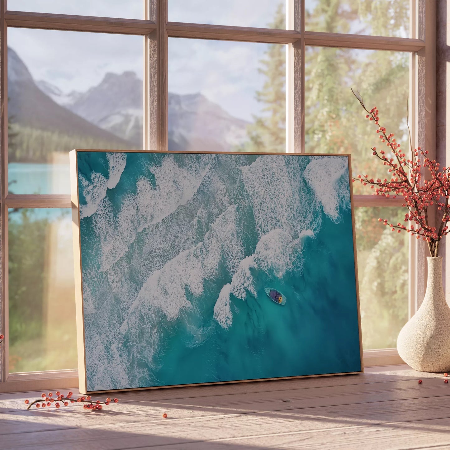 エメラルドブルーの海と白波、静かに浮かぶ小舟の空撮アート