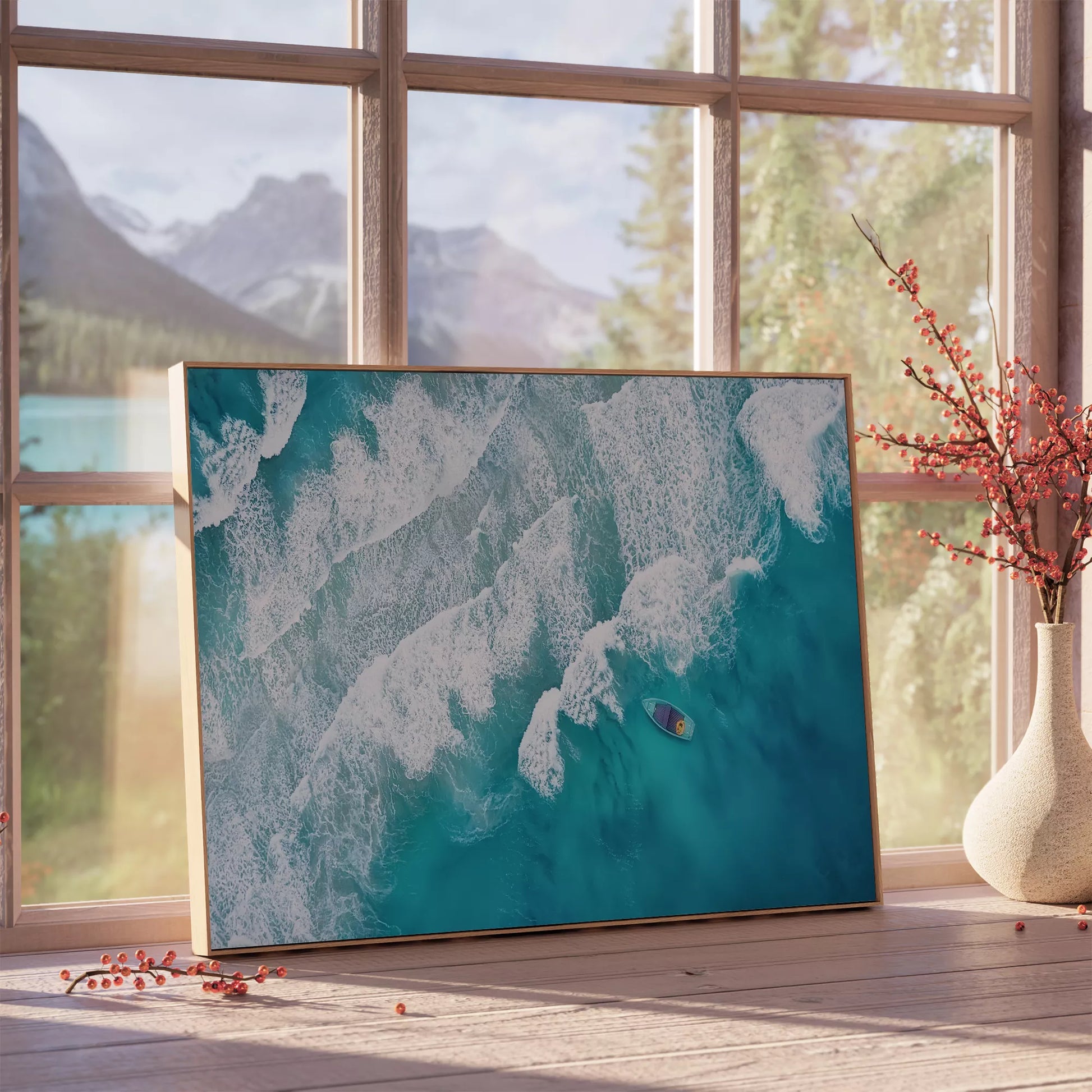 エメラルドブルーの海と白波、静かに浮かぶ小舟の空撮アート