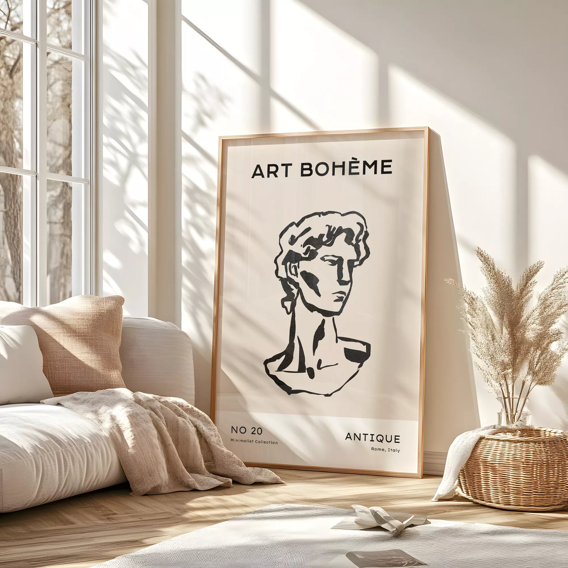 ベージュアンティーク彫刻ラインアートポスター ローマ風 モダンインテリア