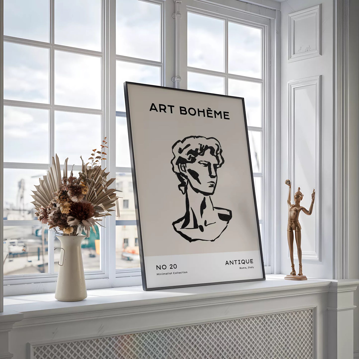 ベージュアンティーク彫刻ラインアートポスター ローマ風 モダンインテリア