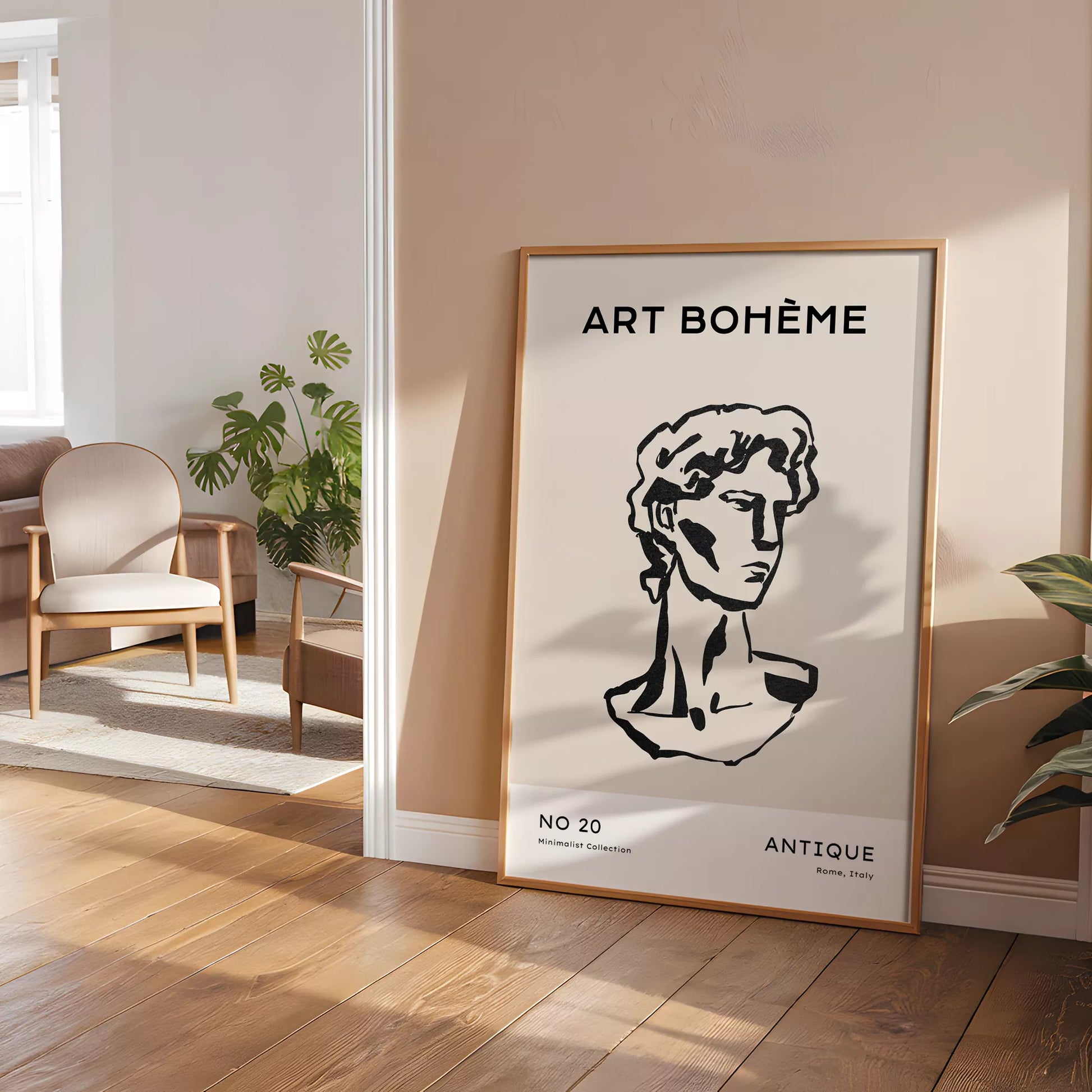 ベージュアンティーク彫刻ラインアートポスター ローマ風 モダンインテリア