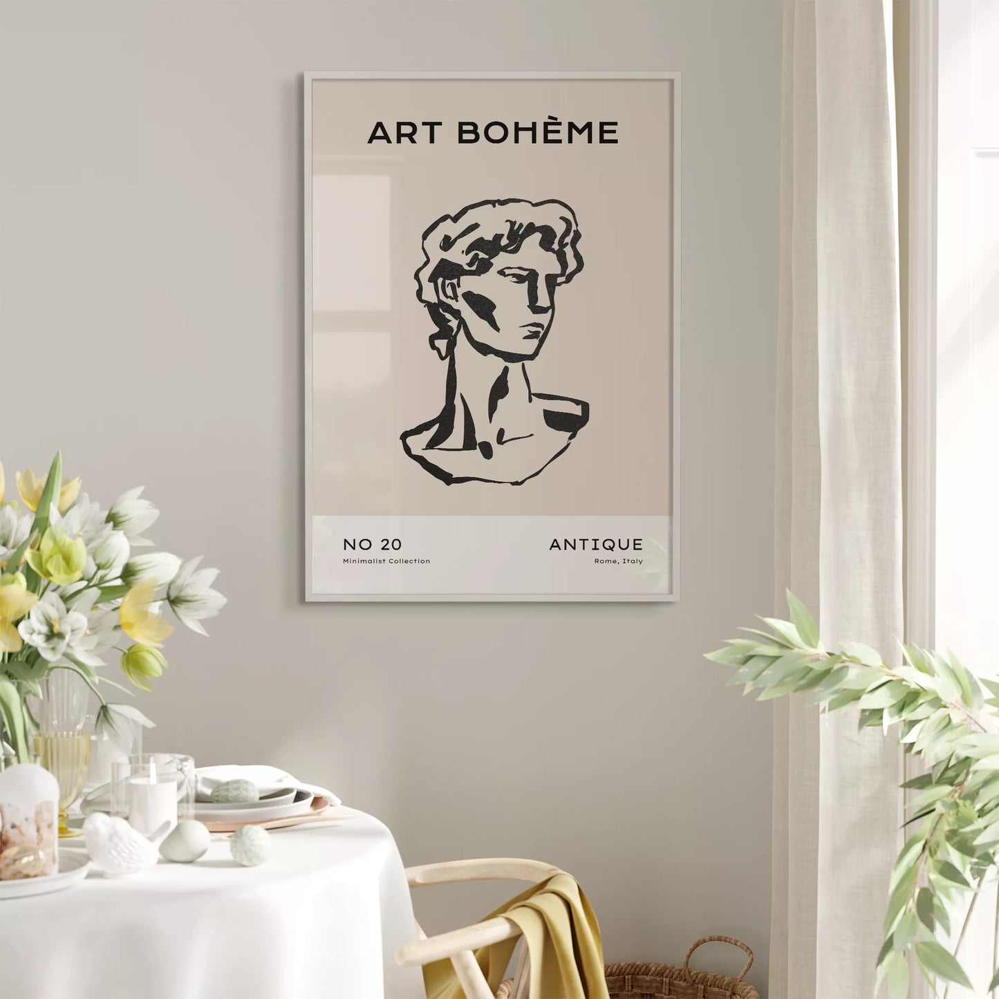 ベージュアンティーク彫刻ラインアートポスター ローマ風 モダンインテリア