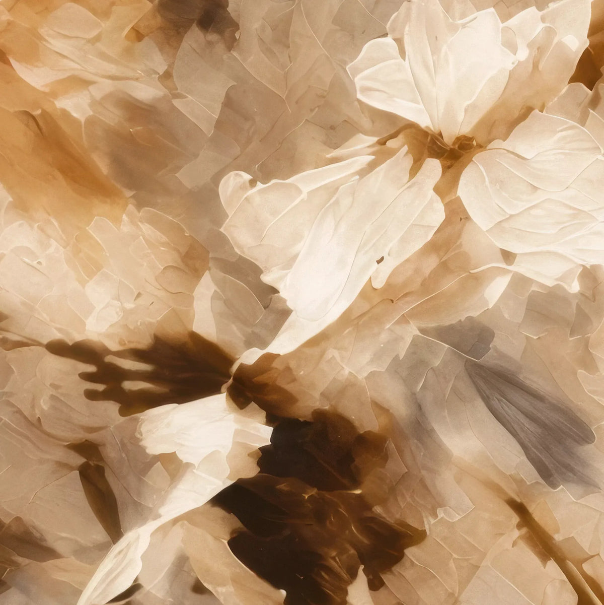 アイボリーの花びらとブラウンの葉を描いた花のアートポスターの筆タッチの拡大