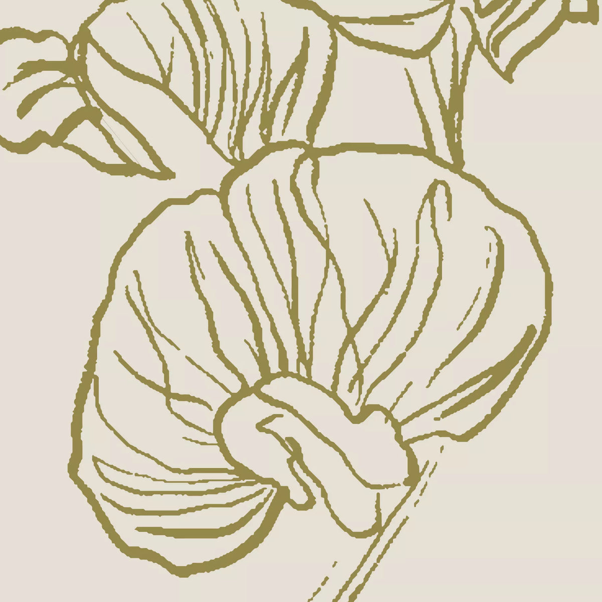 オリーブ色の手描き風の線で重なる花びらを描いた、スイートピー部分のクローズアップ