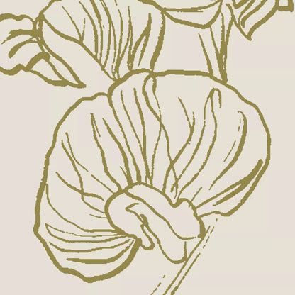 オリーブ色の手描き風の線で重なる花びらを描いた、スイートピー部分のクローズアップ