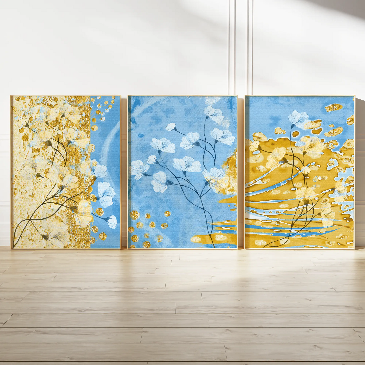 ブルーとゴールドの抽象フローラルアートポスター 北欧モダン 3枚セット