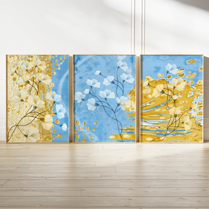 ブルーとゴールドの抽象フローラルアートポスター 北欧モダン 3枚セット