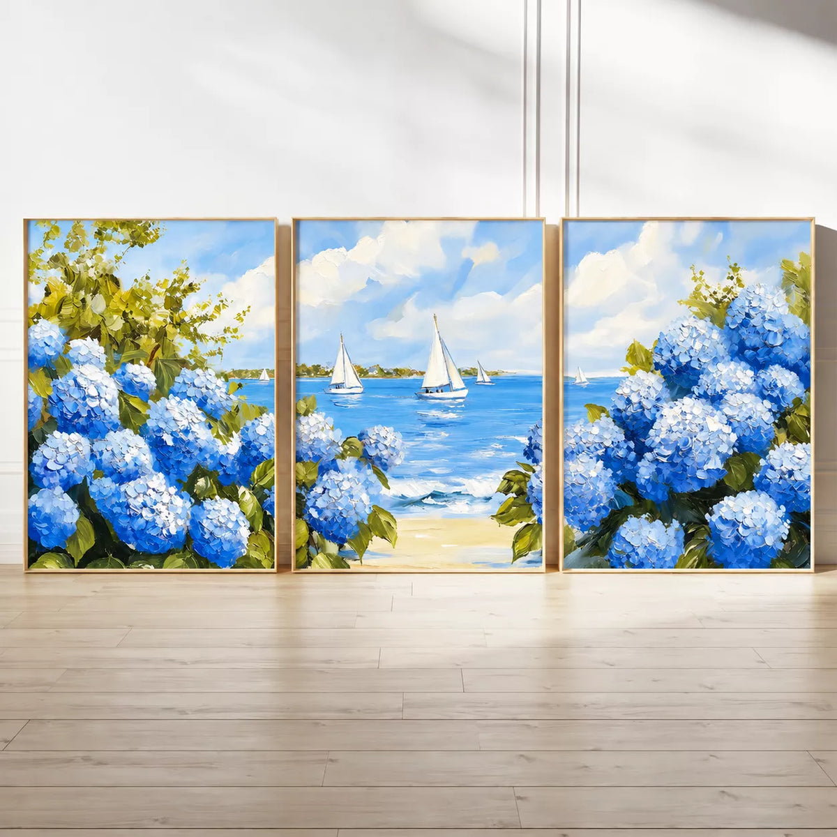 紫陽花と海の３枚セットを床に横並びで置いた全体イメージ
