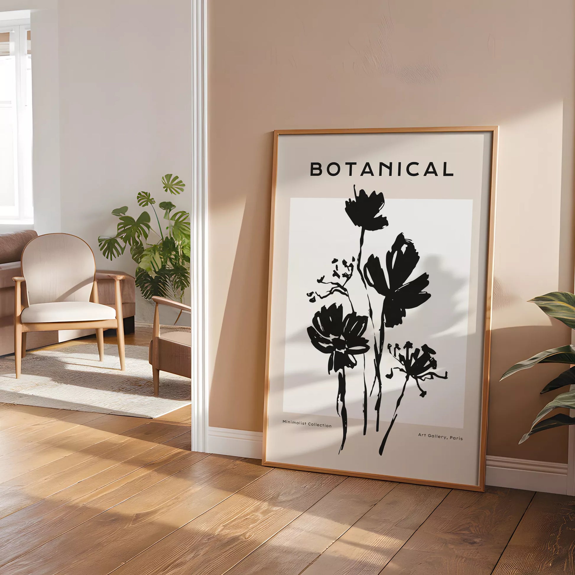 モノトーン花ボタニカルポスター 黒白ミニマルアート 北欧