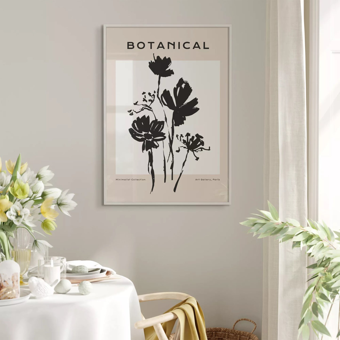 モノトーン花ボタニカルポスター 黒白ミニマルアート 北欧