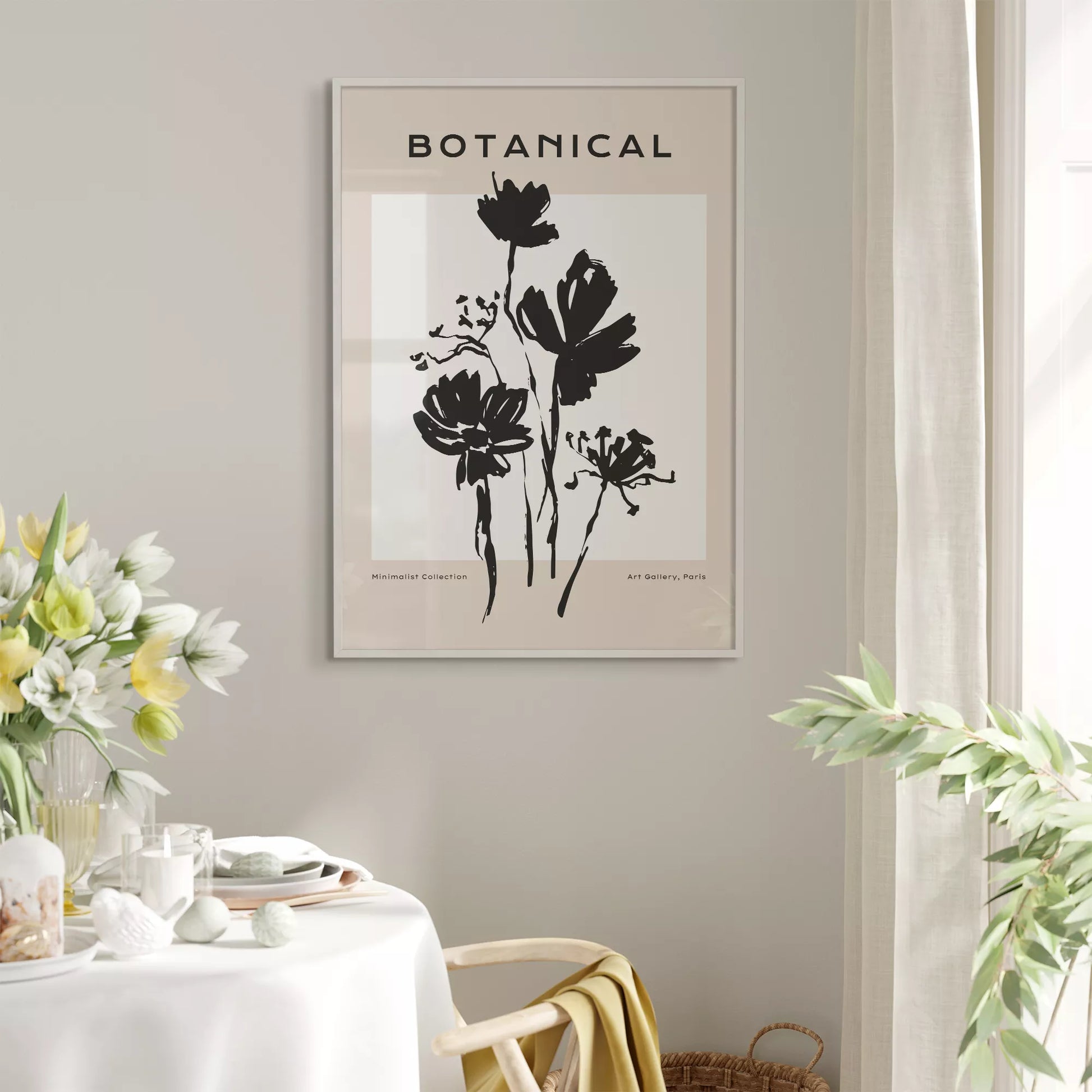 モノトーン花ボタニカルポスター 黒白ミニマルアート 北欧