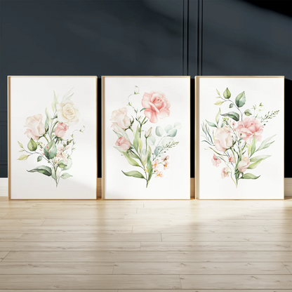ピンクローズのボタニカルアートポスター 北欧デザイン 3枚セット