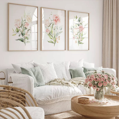 ピンクローズのボタニカルアートポスター 北欧デザイン 3枚セット