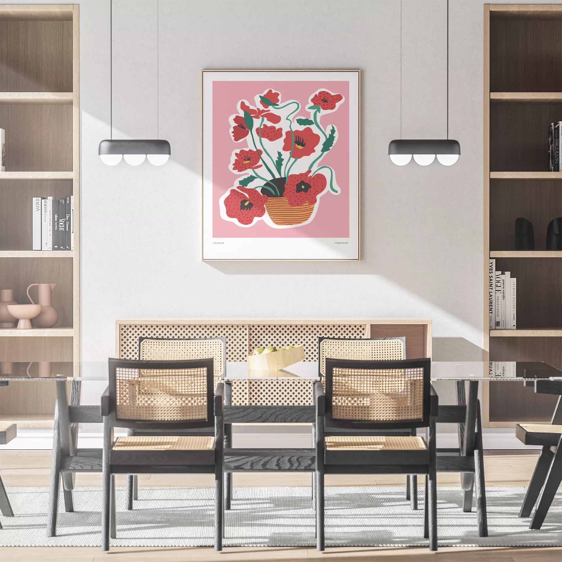 北欧デザインの赤い花ボタニカルアートポスター ピンク背景 ポップモダン