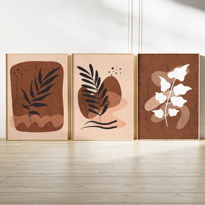 テラコッタカラーの葉シルエットが映える北欧ボタニカルアートポスター 3枚セット