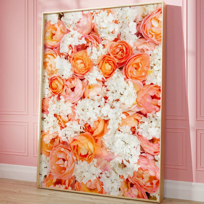 サンゴ色のバラと白い紫陽花の優雅な花束アートプリント