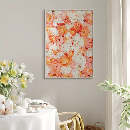 サンゴ色のバラと白い紫陽花の優雅な花束アートプリント