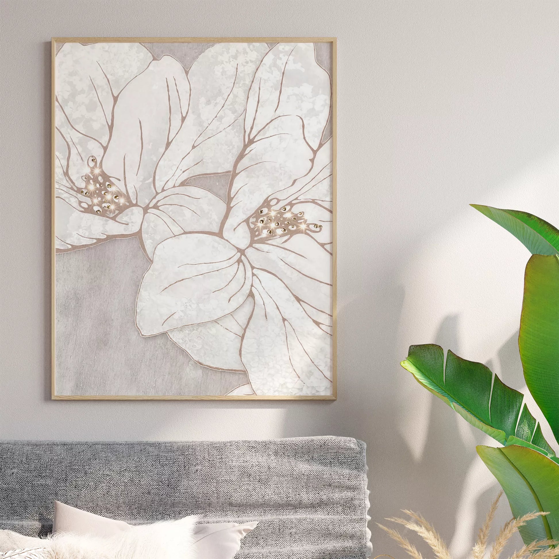 優雅な白い花のボタニカルアート、グレーの背景