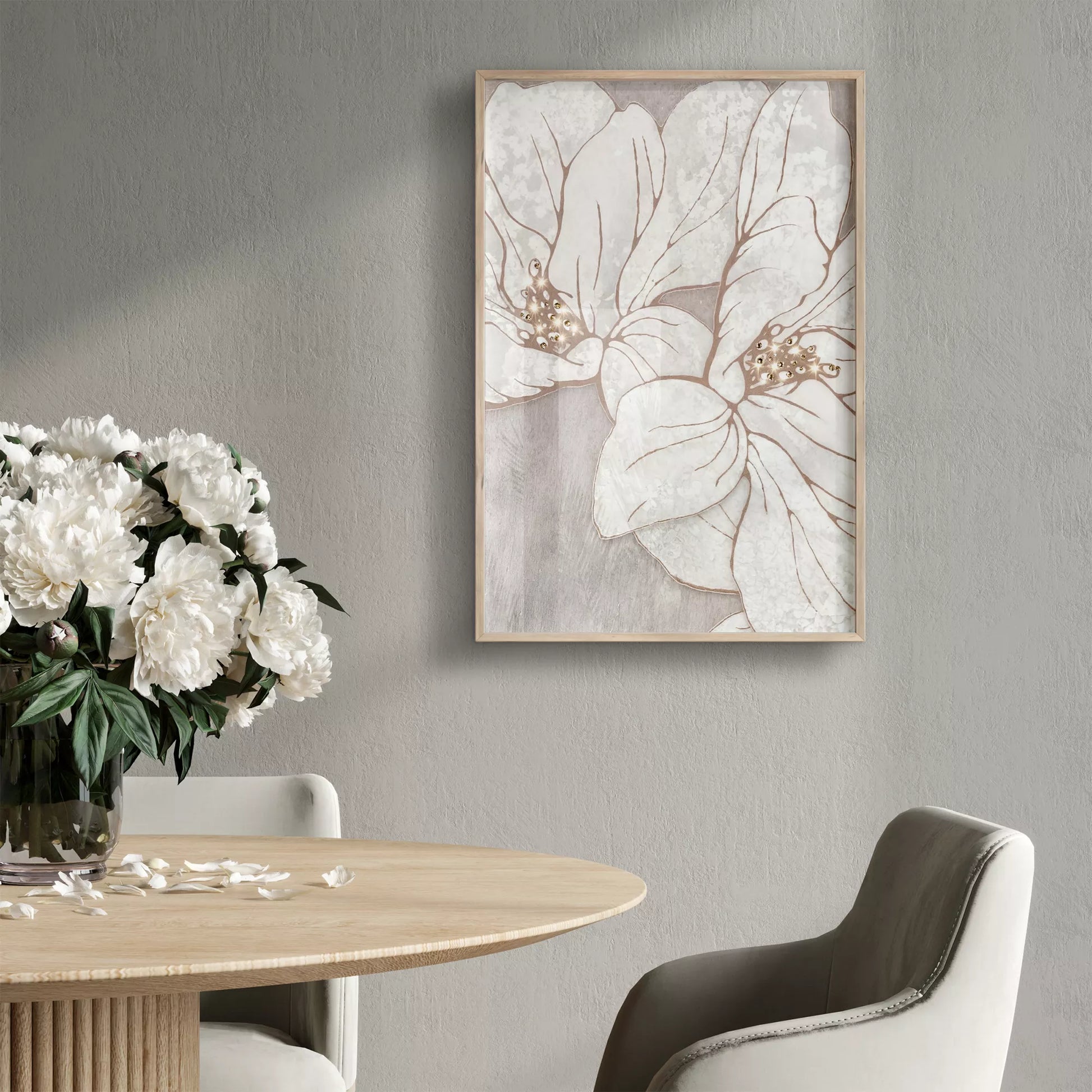 優雅な白い花のボタニカルアート、グレーの背景