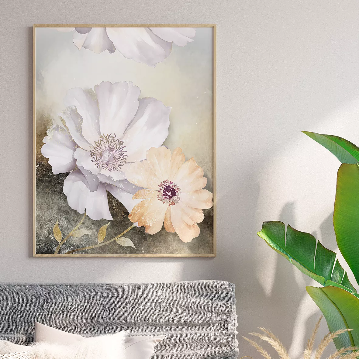 優美な水彩画風の白とアプリコット色の花のトリプティックアート