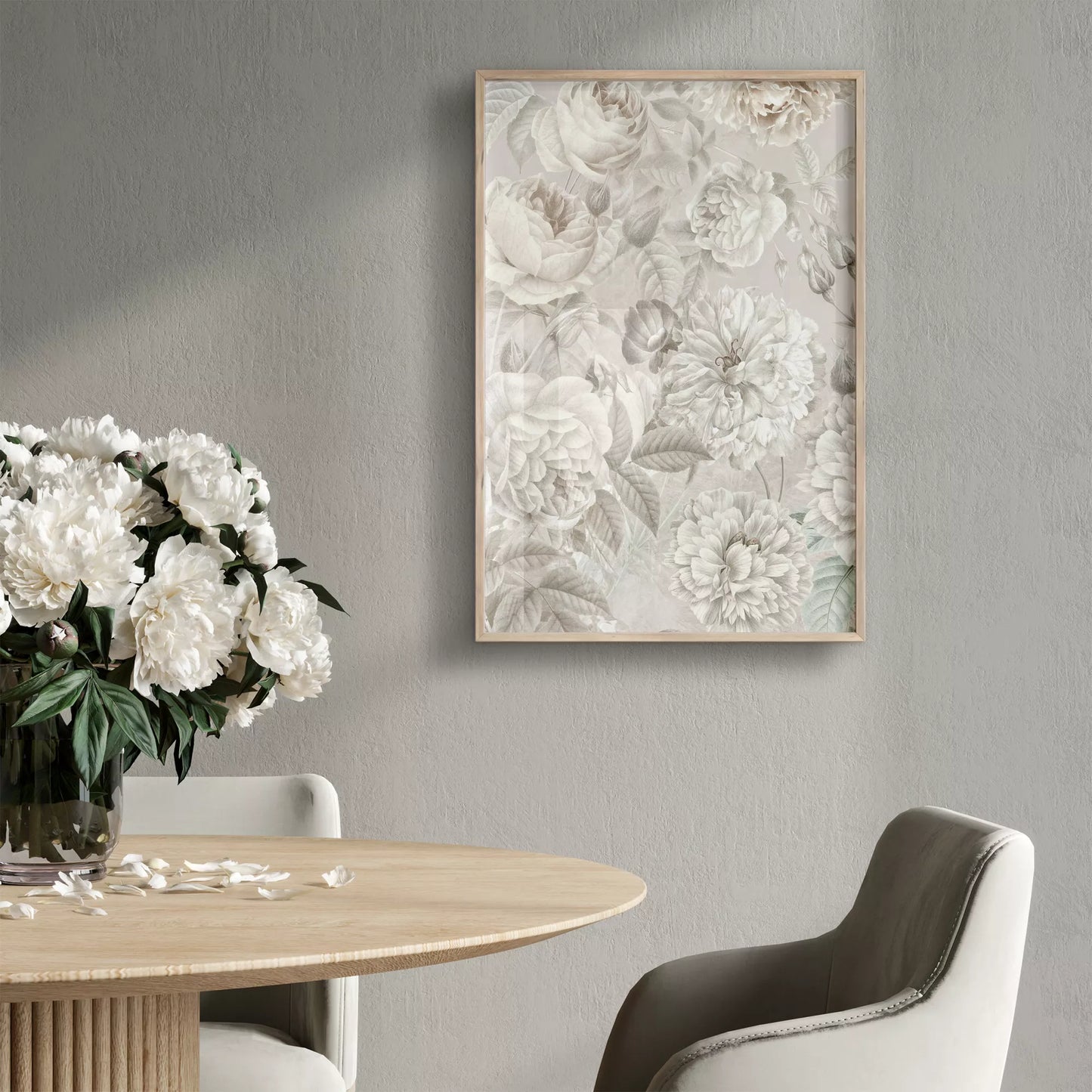 優雅な白バラの花柄アート、グレー背景の繊細なボタニカルデザイン