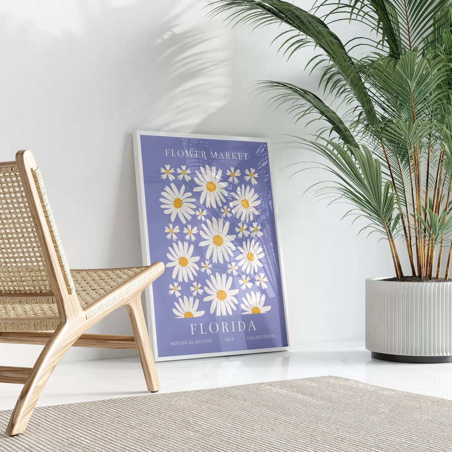 フロリダのデイジーマーケット植物アートポスター、パープル背景に白い花