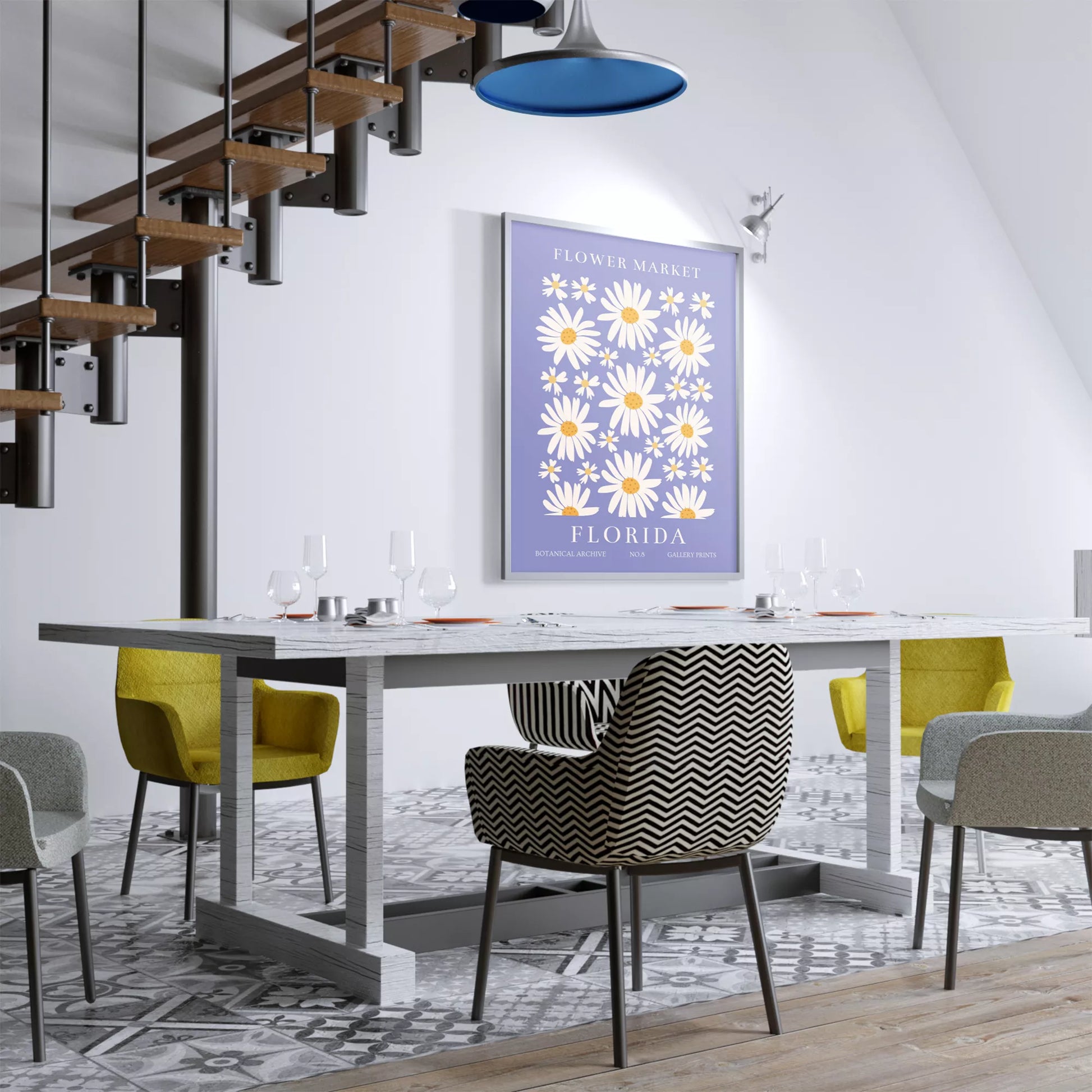 フロリダのデイジーマーケット植物アートポスター、パープル背景に白い花