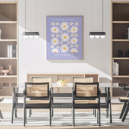 フロリダのデイジーマーケット植物アートポスター、パープル背景に白い花