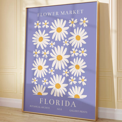 フロリダのデイジーマーケット植物アートポスター、パープル背景に白い花