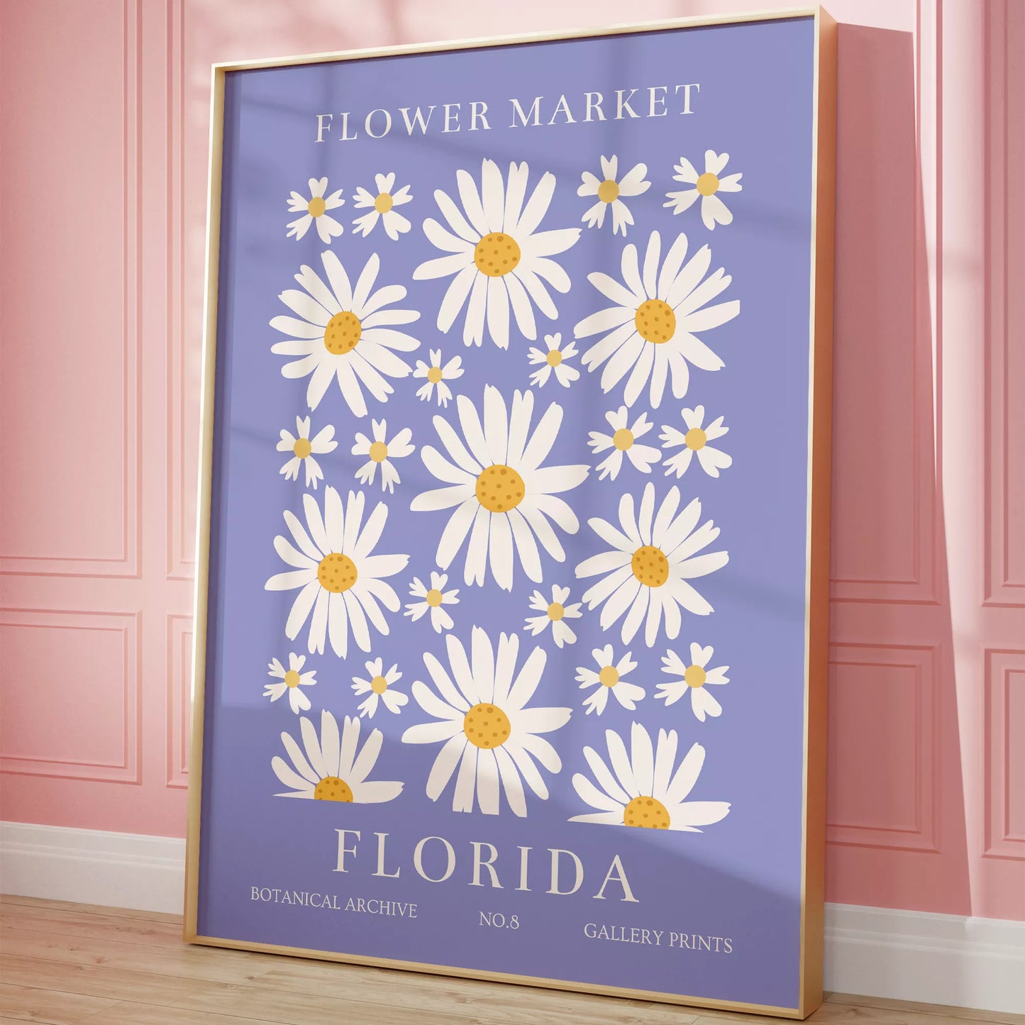 フロリダのデイジーマーケット植物アートポスター、パープル背景に白い花