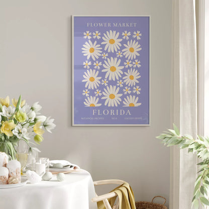 フロリダのデイジーマーケット植物アートポスター、パープル背景に白い花