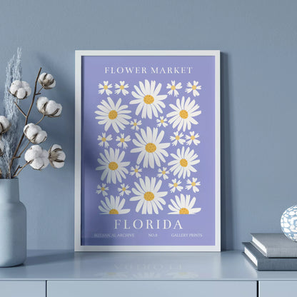 フロリダのデイジーマーケット植物アートポスター、パープル背景に白い花