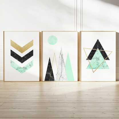 ミントグリーン大理石とゴールドラインの抽象ジオメトリックアートポスター 北欧モダン 3枚セット