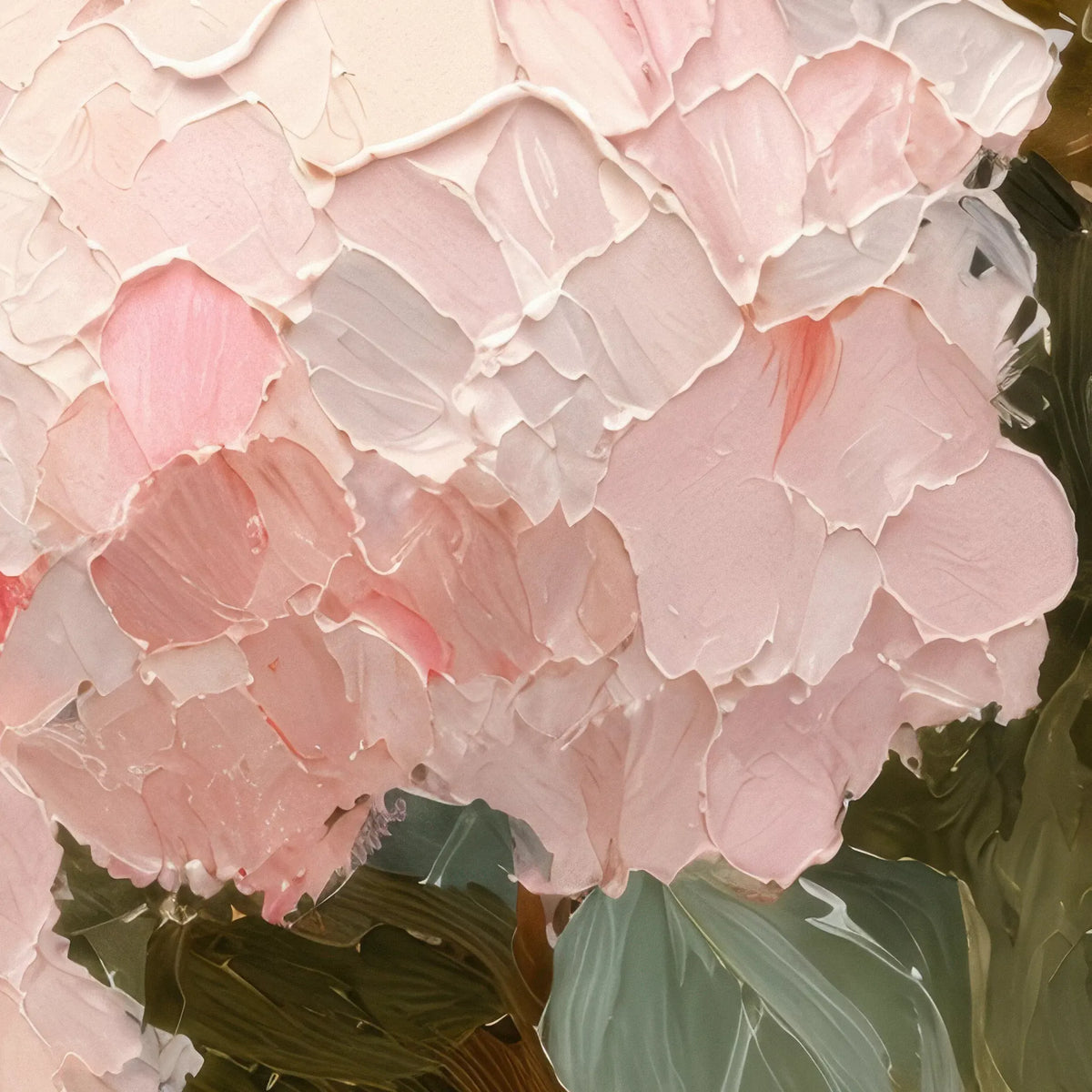 ピンクの紫陽花の花びらと緑の葉を描いた油彩風ポスターの筆タッチの拡大