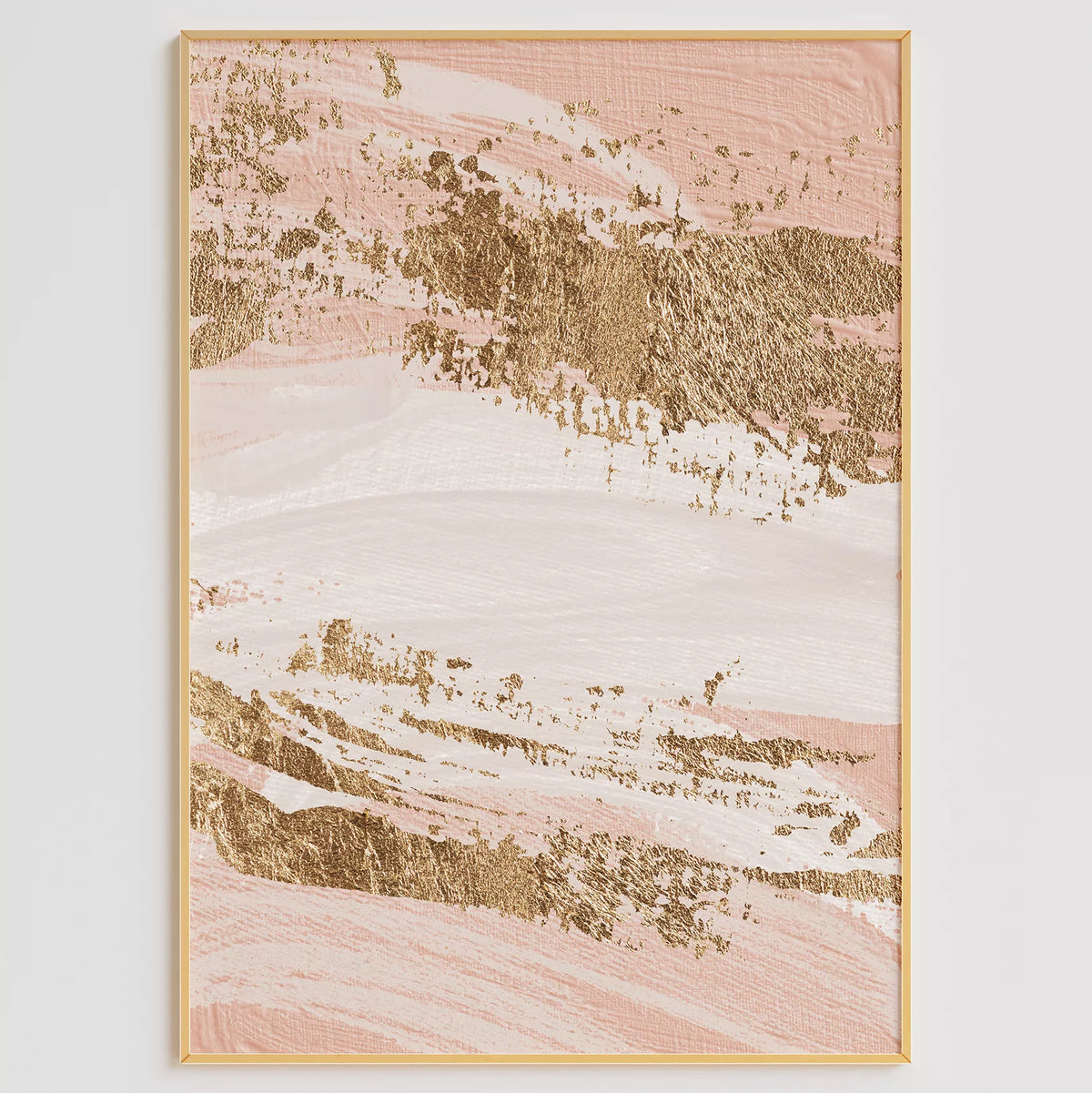 淡いピンクと白の筆タッチに、アンバーのかすれた模様が横に重なる油彩風の抽象画アートポスター
