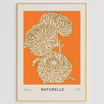 鮮やかなオレンジの背景に、大輪の花をベージュとオリーブ色の線で描いた美術館ポスター風のアートポスター