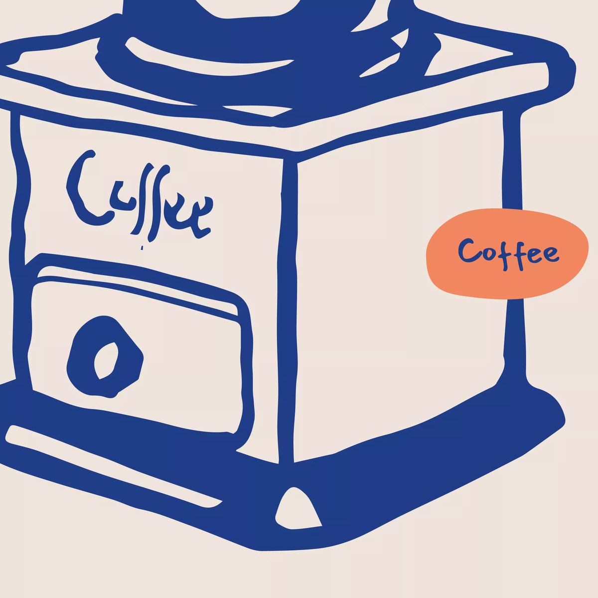 青い線で描いた手挽きミルの本体と、オレンジの楕円に入った「Coffee」の文字を写した拡大画像