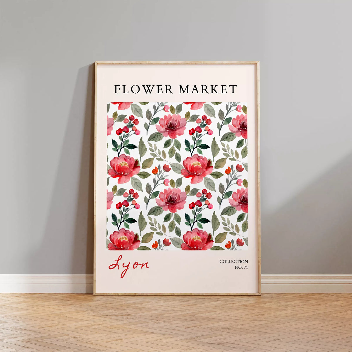 赤とピンクの花と緑の葉の花柄に、FLOWER MARKETとLyonの文字を添えた縦長アートポスター
