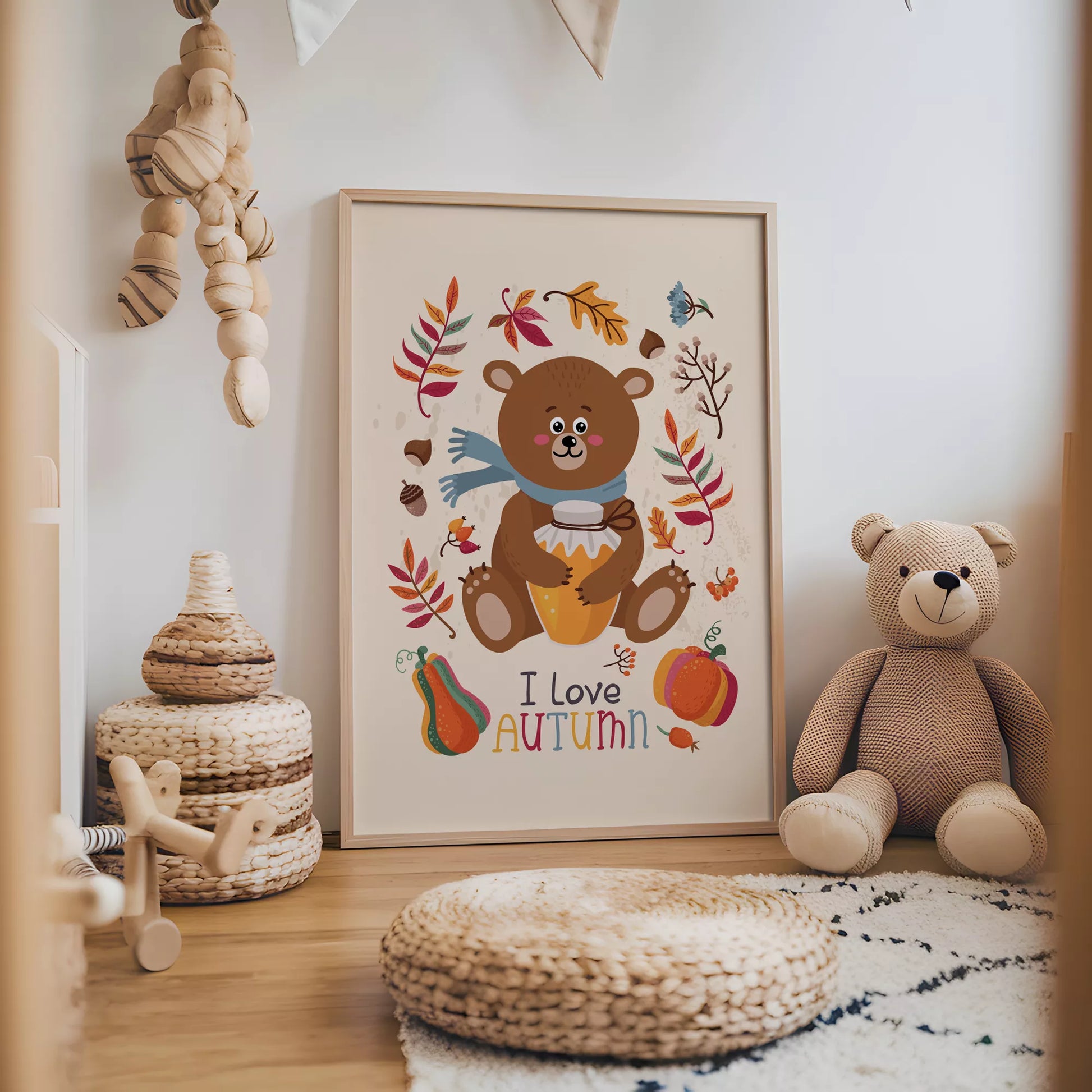  秋のクマとはちみつのかわいいイラスト子供部屋用アートポスター北欧テイスト