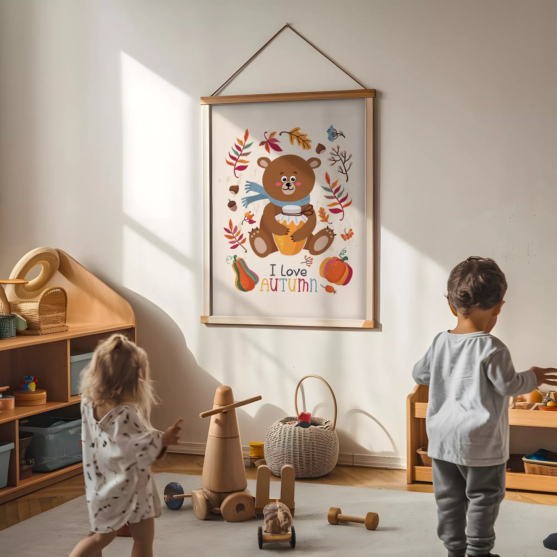  秋のクマとはちみつのかわいいイラスト子供部屋用アートポスター北欧テイスト