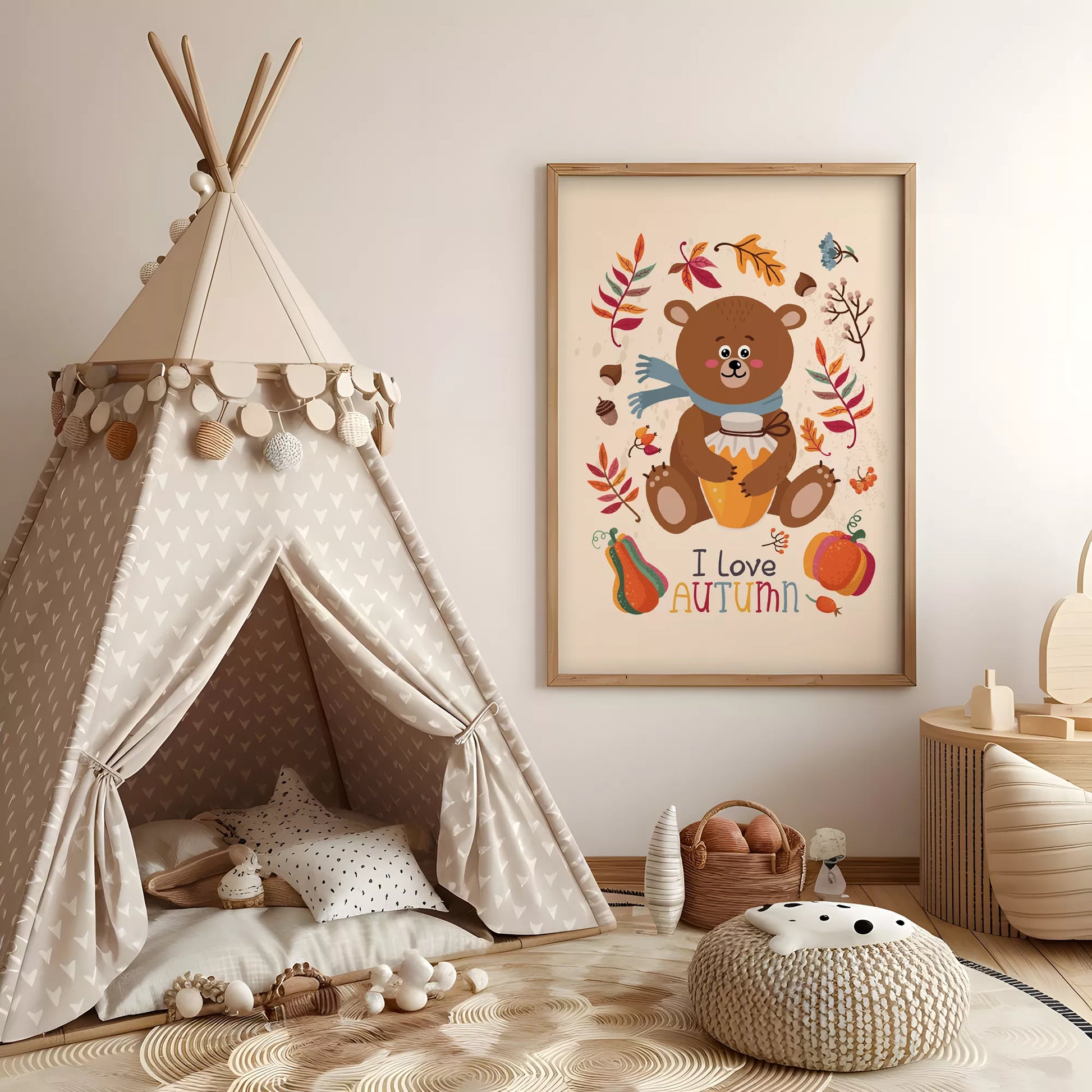  秋のクマとはちみつのかわいいイラスト子供部屋用アートポスター北欧テイスト