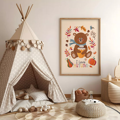  秋のクマとはちみつのかわいいイラスト子供部屋用アートポスター北欧テイスト