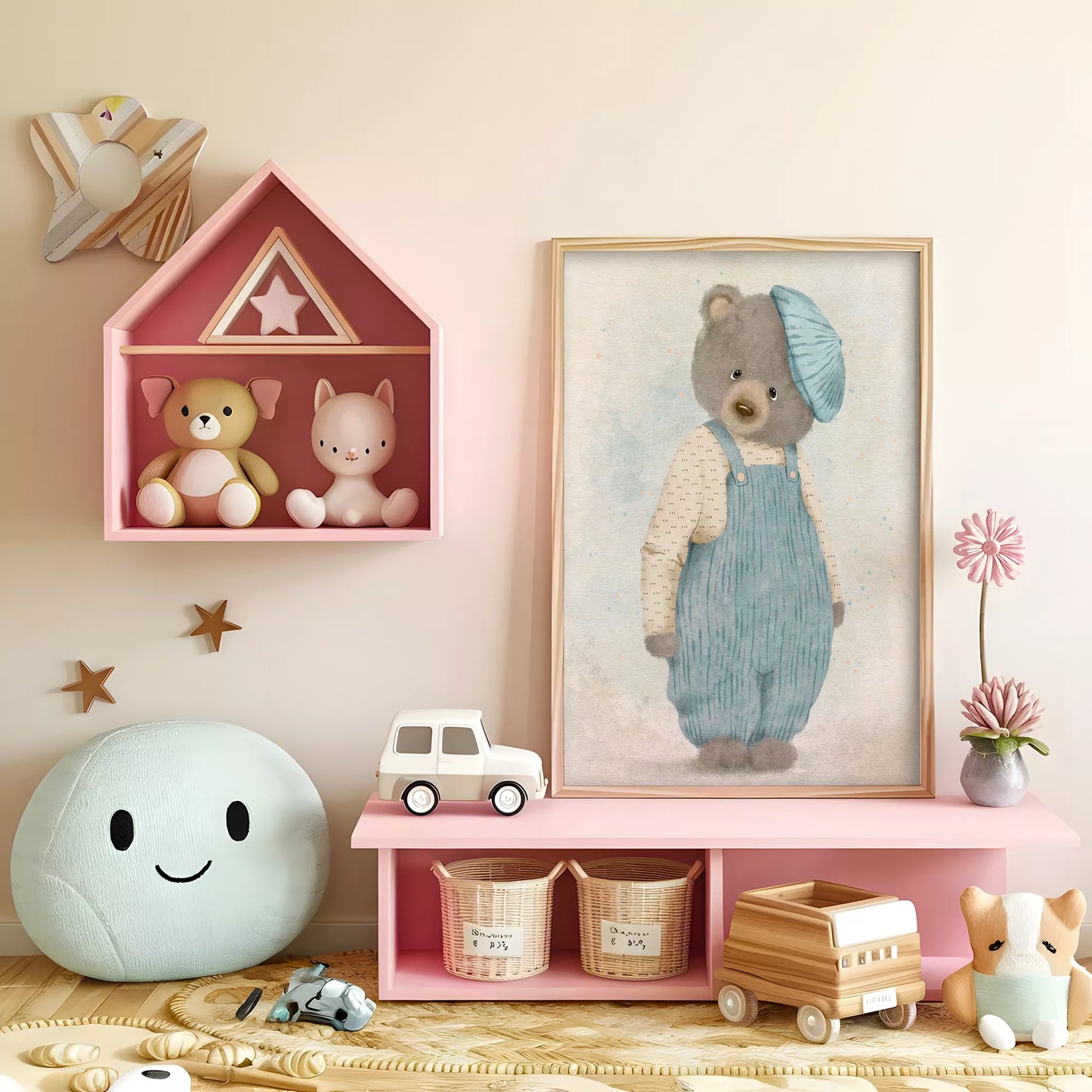 ベアオーバーオールの北欧スタイルキッズアートポスター