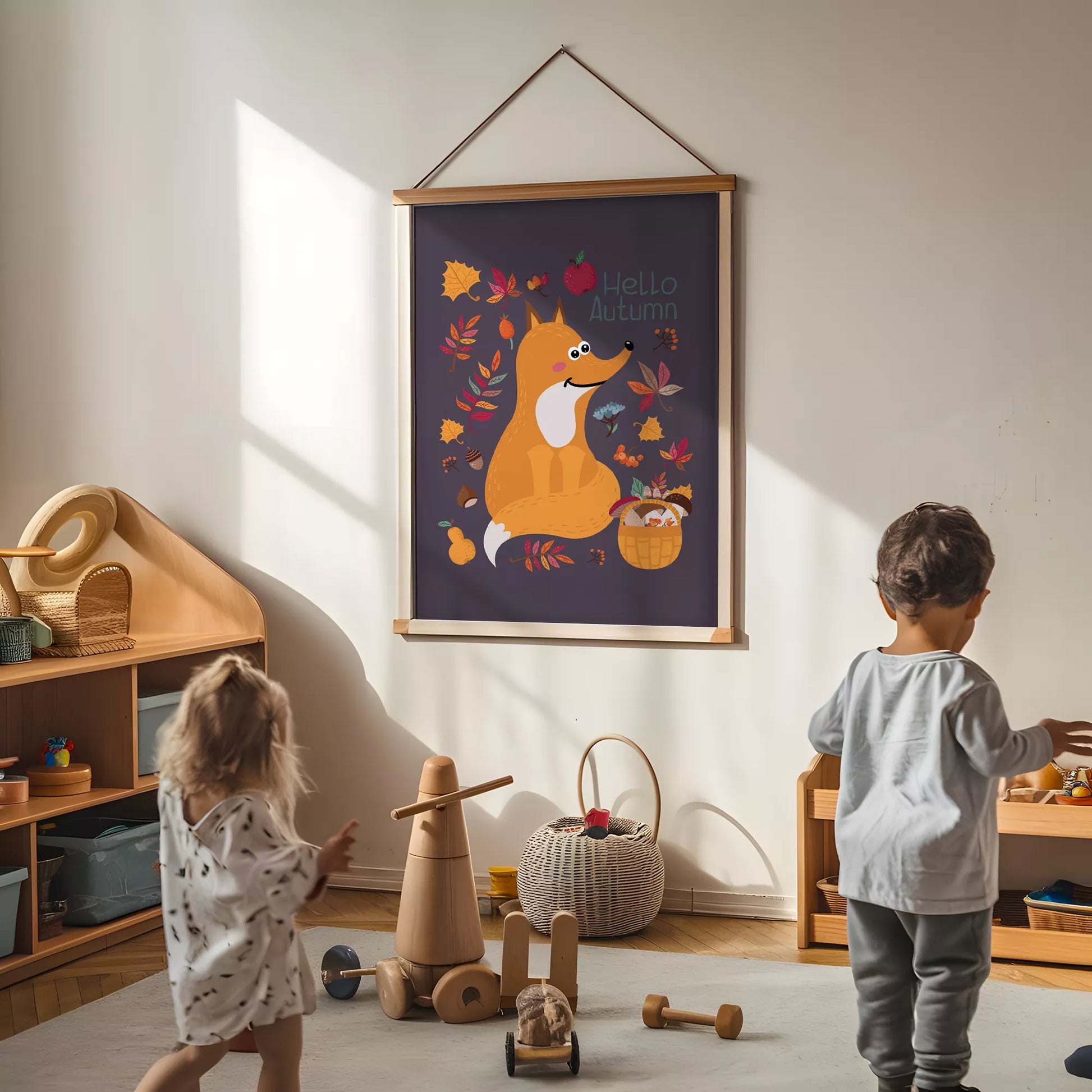  秋のきつねとバスケットのかわいいイラスト子供部屋用北欧アートポスター