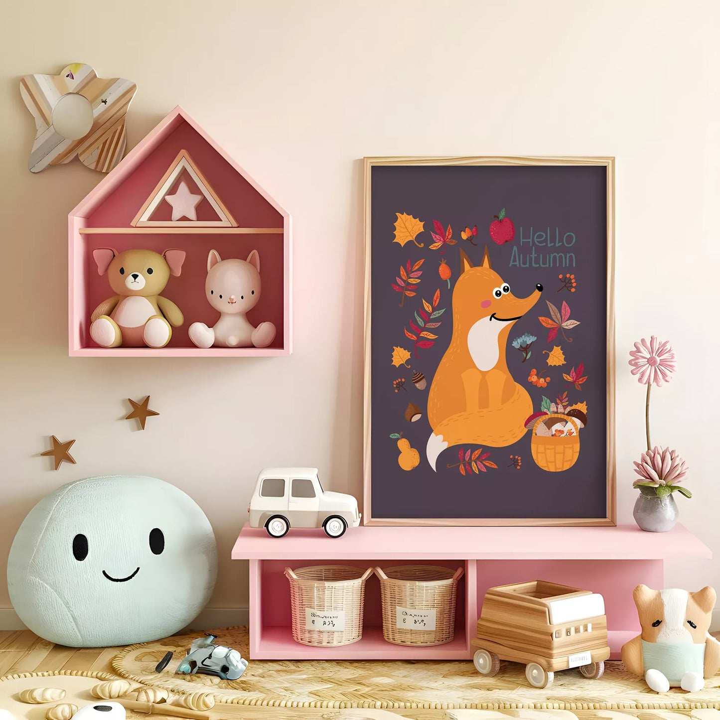  秋のきつねとバスケットのかわいいイラスト子供部屋用北欧アートポスター